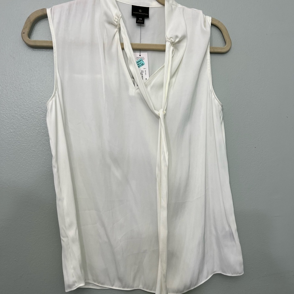 NWT XS Worthington sheer white blouse with tie neck